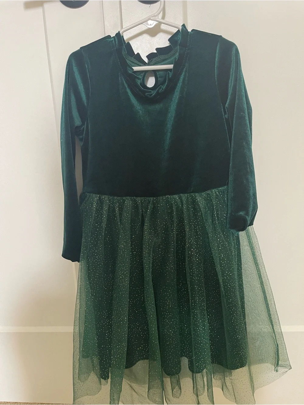 Girls Dark Green Velvet & Glitter Tulle Dress